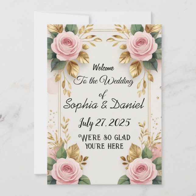 Elegant Vertical Wedding Invitation  with Gold  (Front)