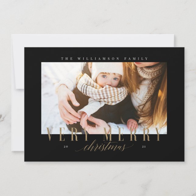 Elegant Very Merry Christmas Gold Typography Photo Holiday Card (Front)