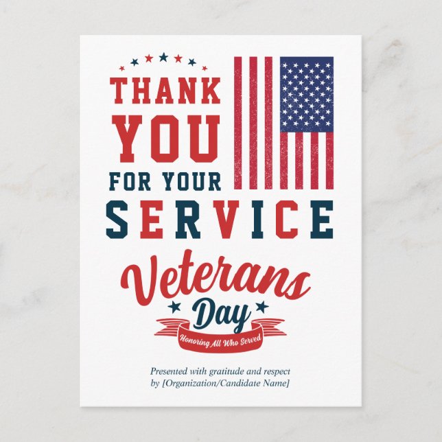 Elegant Veterans Day Thank You Postcard (Front)