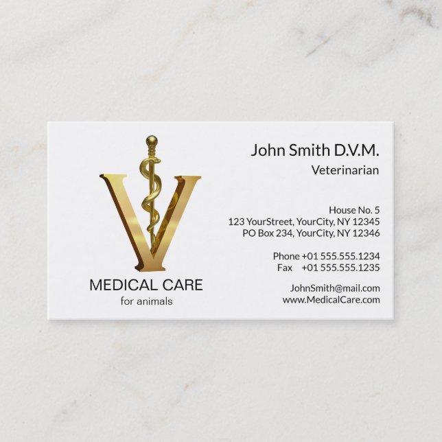 Elegant Veterinary Medicine Gold V Vet Asclepius Business Card (Front)