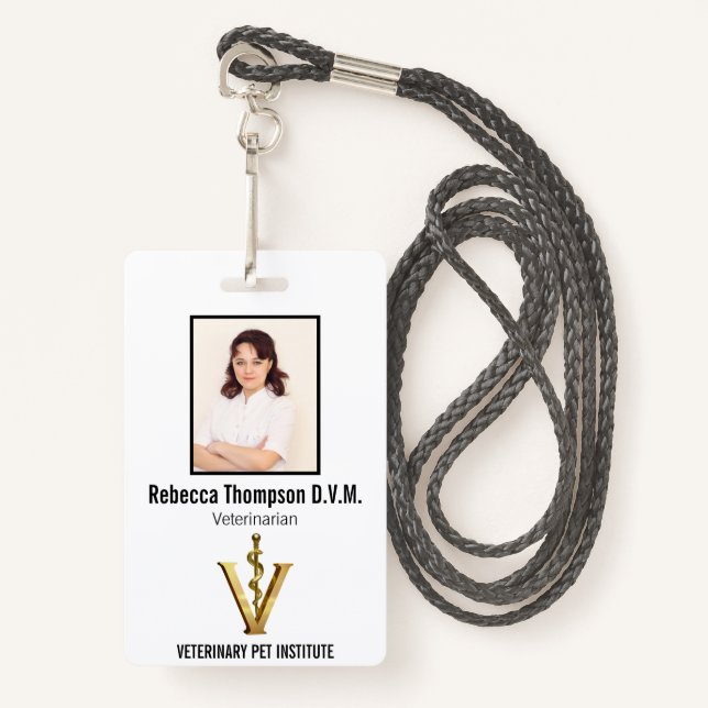 Elegant Veterinary Medicine Gold V Vet | Photo ID ID Badge (Front with Lanyard)