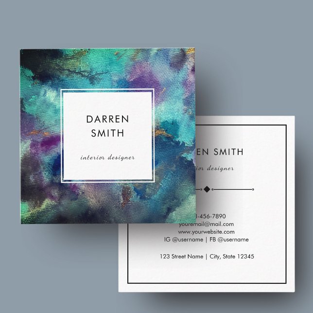 Elegant Vibrant Blue Purple Watercolor Abstract  Square Business Card (Modern Blue Watercolor Abstract Square Business Card)