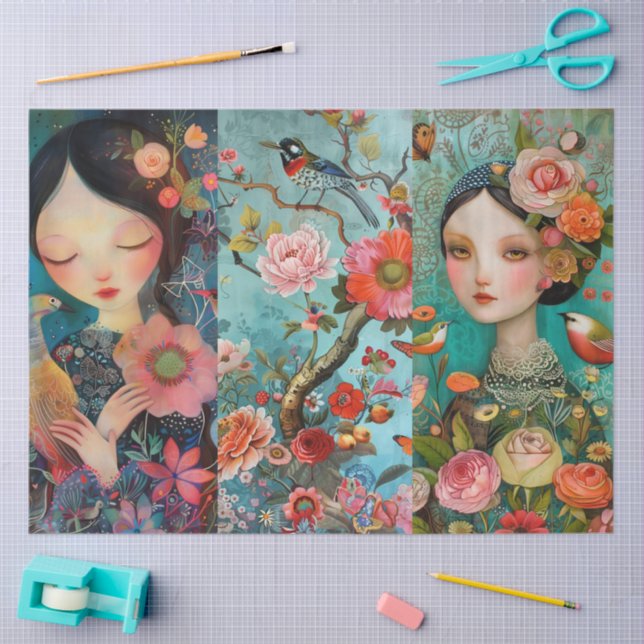 Elegant Vibrant Colourful Floral Decoupage Collage Tissue Paper (Craft)