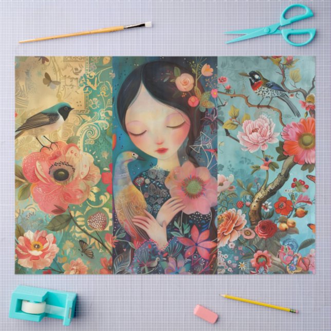 Elegant Vibrant Colourful Floral Decoupage Collage Tissue Paper (Craft)