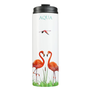 Elegant Vibrant Coral Pink Flamingos & Reed Plant Thermal Tumbler