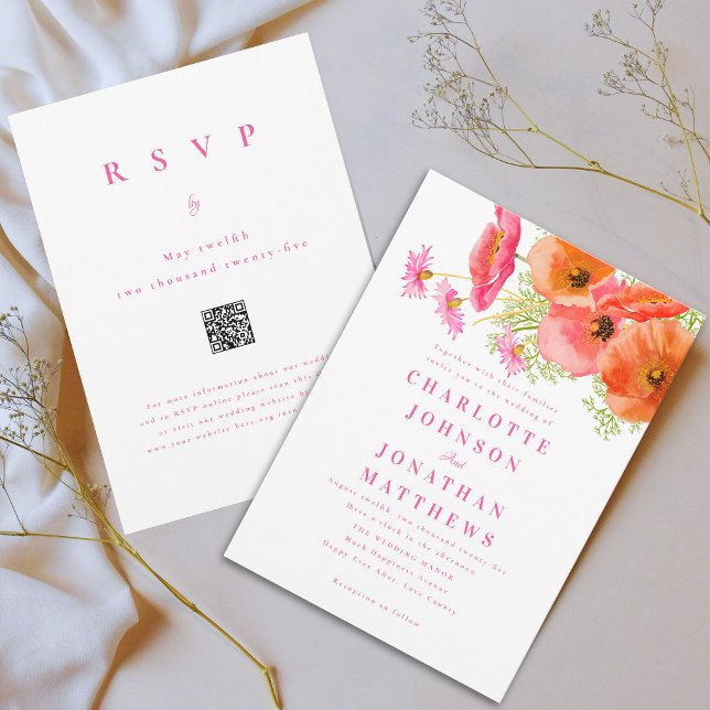 Elegant Vibrant Pink Orange Floral Wedding QR Code Invitation (Elegant wildflower bouquet vibrant pink orange watercolor floral wedding qr code invitation)