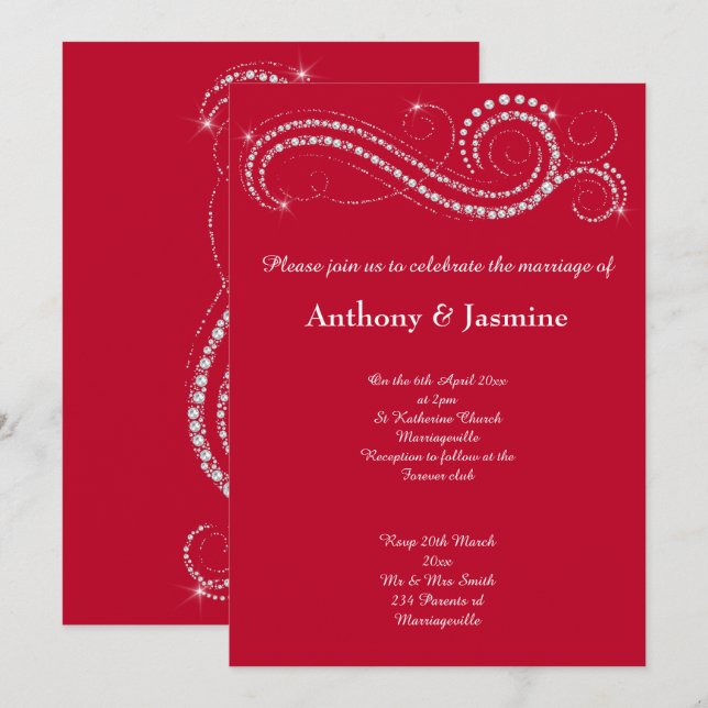ELEGANT VIBRANT RED DIAMOND SWIRL WEDDING INVITATION (Front/Back)