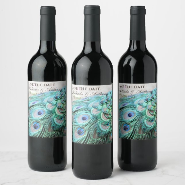Elegant Vibrant Teal Peacock Feather Save the Date Wine Label (Bottles)