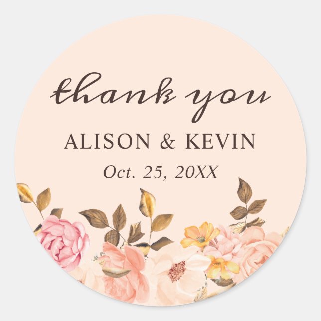 Elegant Victoria Blush Gold Floral Thank You Classic Round Sticker (Front)