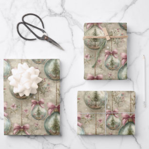 Elegant Victorian Bauble and Bow Christmas Gift Wrapping Paper Sheet