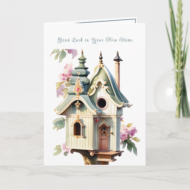 Elegant Victorian Birdhouse Good Luck New Home Card (Front)