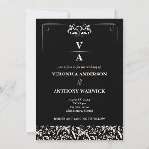 Elegant Victorian Black & White Floral Wedding Invitation