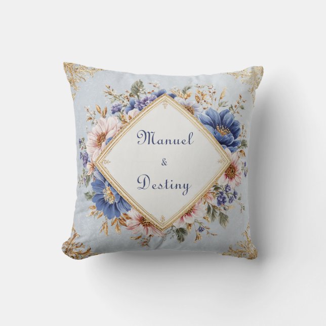 Elegant Victorian Blue and Gold Floral Design Cushion (Front)