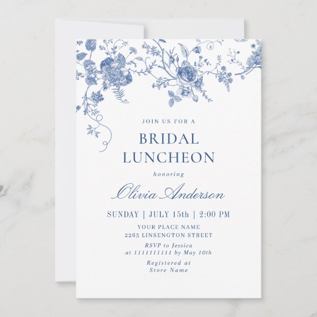 Elegant Victorian Blue Floral BRIDAL LUNCHEON Invitation (Front)