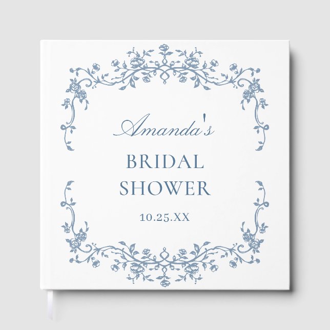 Elegant Victorian Blue Floral Bridal Shower Guest Book (Front)
