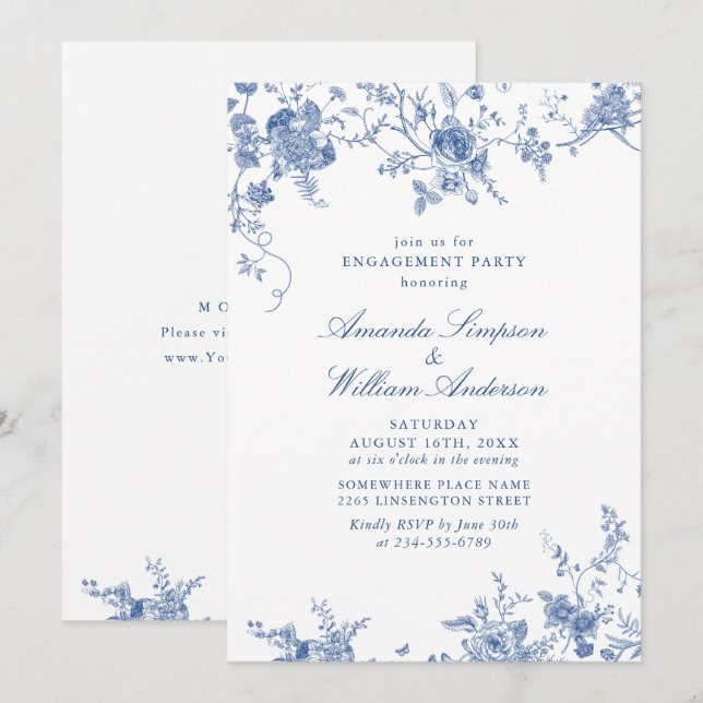 Elegant Victorian Blue Floral ENGAGEMENT PARTY Invitation (Front/Back)