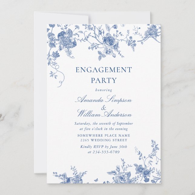 Elegant Victorian Blue Floral ENGAGEMENT PARTY Invitation (Front)