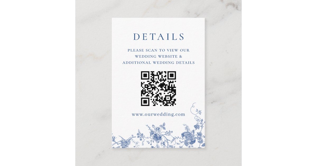 Elegant Victorian Blue Floral QR code Details Enclosure Card | Zazzle