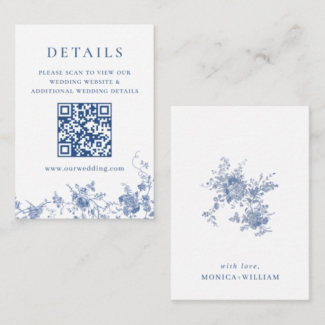 Elegant Victorian Blue Floral QR code Details Enclosure Card (Front/Back)