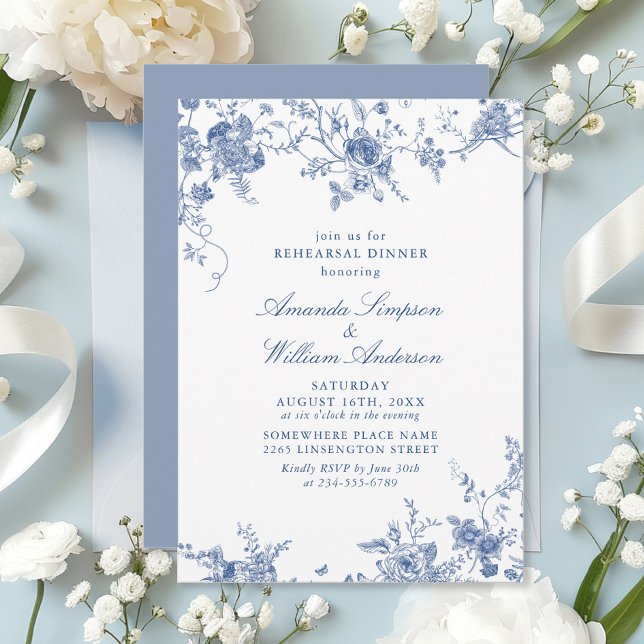 Elegant Victorian Blue Floral Rehearsal Dinner Invitation (Creator Uploaded)