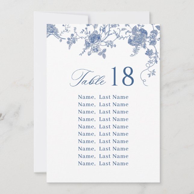 Elegant Victorian Blue Floral Seating Chart Cards (Front)