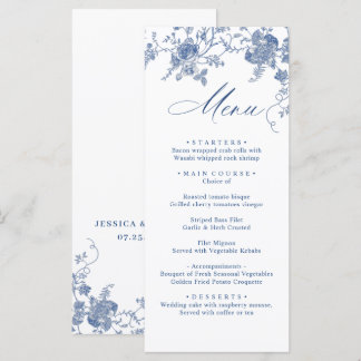 Elegant Victorian Blue Floral Wedding Dinner Menu