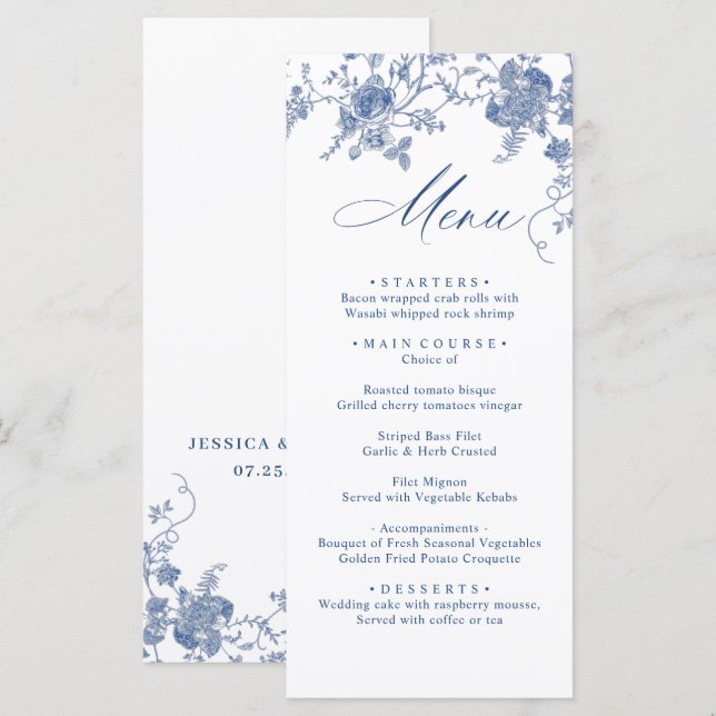 Elegant Victorian Blue Floral Wedding Dinner Menu (Front/Back)