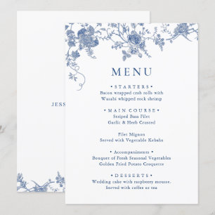 Elegant Victorian Blue Floral Wedding Dinner Menu