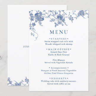 Elegant Victorian Blue Floral Wedding Dinner Menu