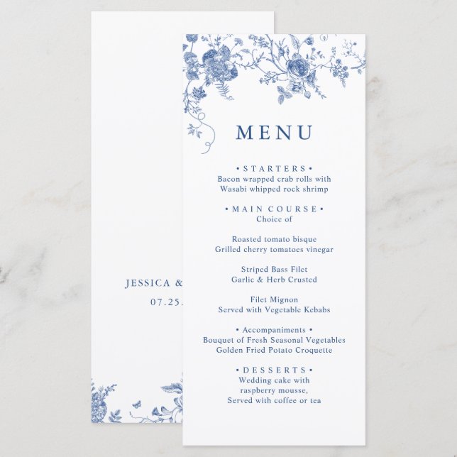 Elegant Victorian Blue Floral Wedding Dinner Menu (Front/Back)
