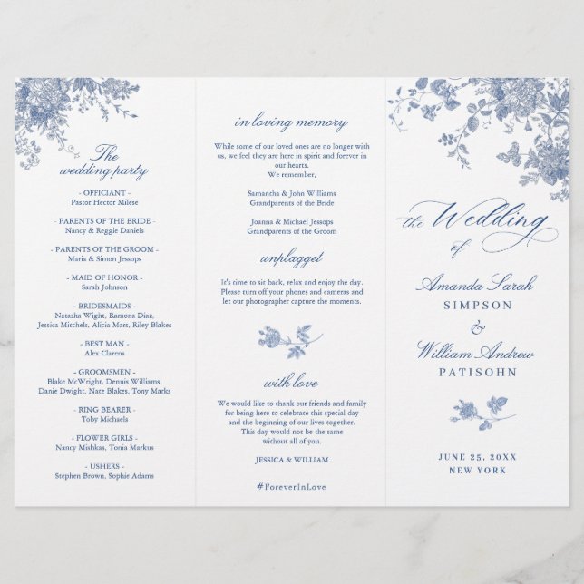 Elegant Victorian Blue Floral Wedding Program (Front)