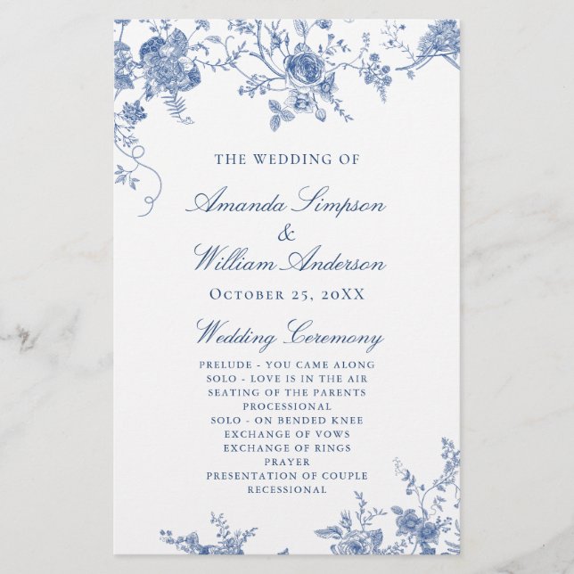 Elegant Victorian Blue Floral Wedding Program (Front)