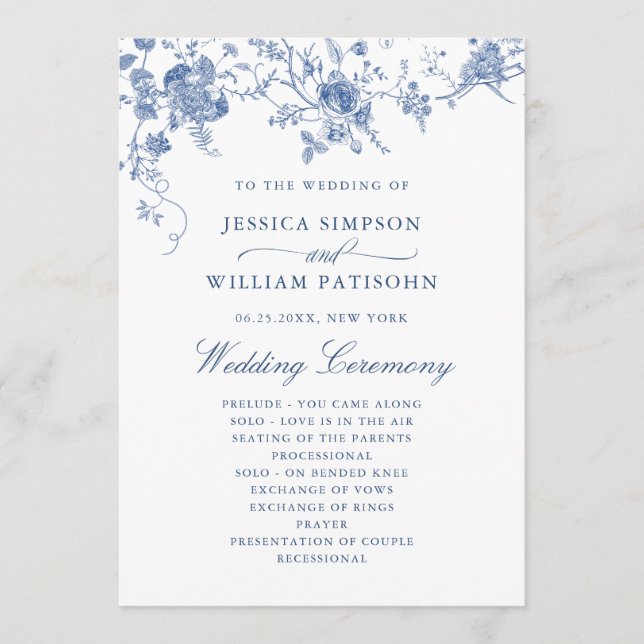 Elegant Victorian Blue Floral Wedding Program Programme (Front)