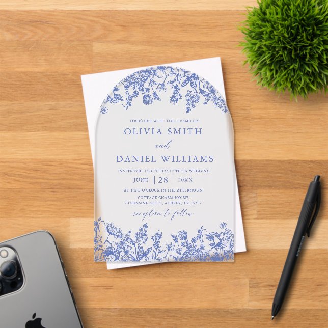 Elegant Victorian Blue Floral Wildflower Wedding Acrylic Invitations (Insitu (Invitation Card))