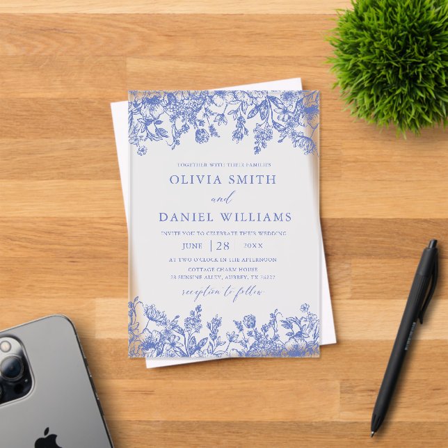 Elegant Victorian Blue Floral Wildflower Wedding Acrylic Invitations (Insitu (Invitation Card))