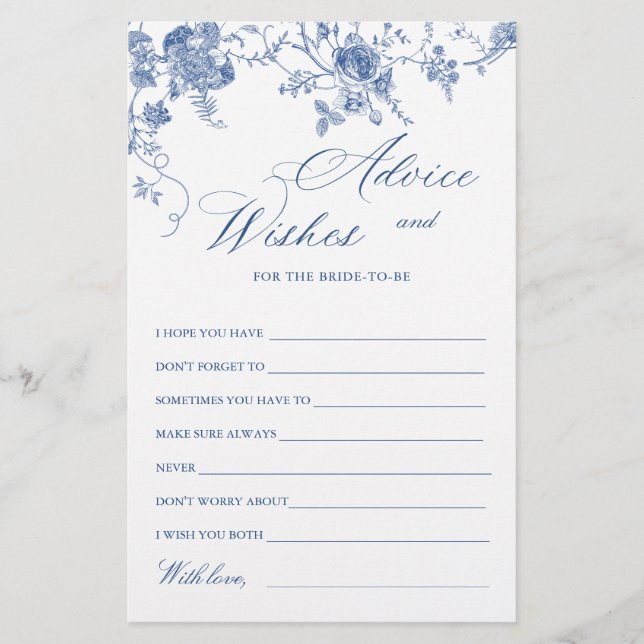 Elegant Victorian Blue Floral Wishes & Advice Card (Front)