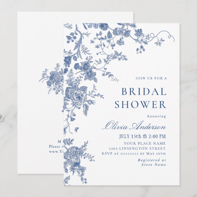 Elegant Victorian Blue French Floral BRIDAL SHOWER Invitation (Front/Back)