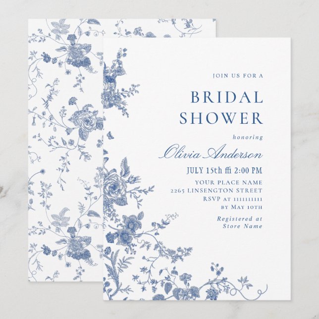 Elegant Victorian Blue French Floral BRIDAL SHOWER Invitation (Front/Back)