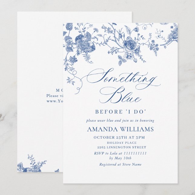 Elegant Victorian Blue French Floral BRIDAL SHOWER Invitation (Front/Back)