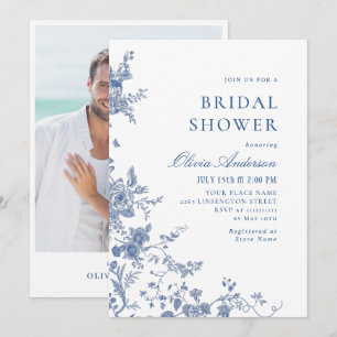 Elegant Victorian Blue French Floral BRIDAL SHOWER Invitation