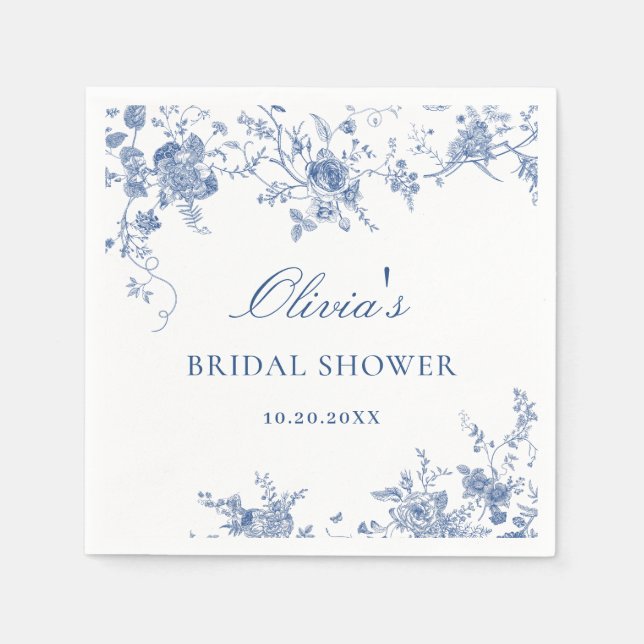 Elegant Victorian Blue French Floral Bridal Shower Napkin (Front)