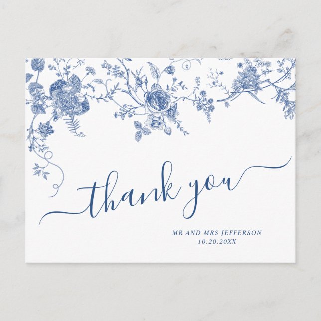 Elegant Victorian Blue French Floral Thank You Postcard (Front)