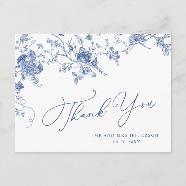 Elegant Victorian Blue French Floral Thank You Postcard (Front)