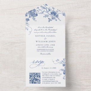 Elegant Victorian Blue French Floral Wedding All In One Invitation