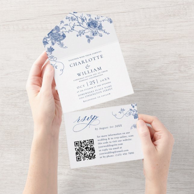 Elegant Victorian Blue French Floral Wedding All In One Invitation (Tearaway)