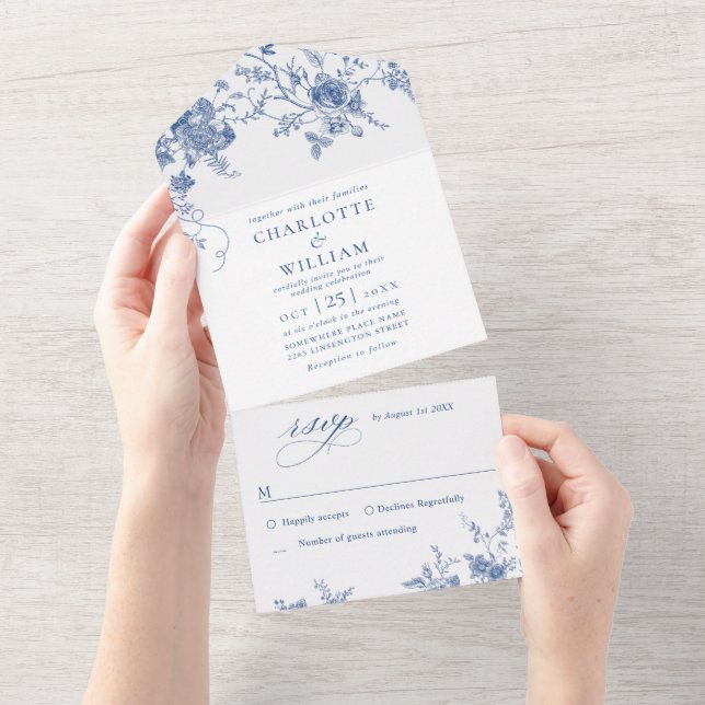 Elegant Victorian Blue French Floral Wedding All In One Invitation (Tearaway)