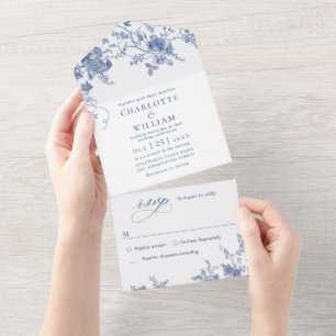 Elegant Victorian Blue French Floral Wedding All In One Invitation