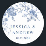 Elegant Victorian Blue French Floral Wedding Classic Round Sticker<br><div class="desc">For further customisation,  please click the "customise further" link and use our design tool to modify this template. 
If you need help or matching items,  please contact me.</div>