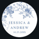 Elegant Victorian Blue French Floral Wedding Classic Round Sticker<br><div class="desc">For further customisation,  please click the "customise further" link and use our design tool to modify this template. 
If you need help or matching items,  please contact me.</div>
