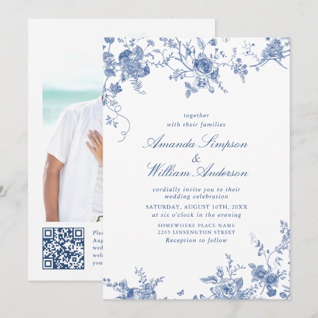 Elegant Victorian Blue French Floral Wedding Invitation (Front/Back)